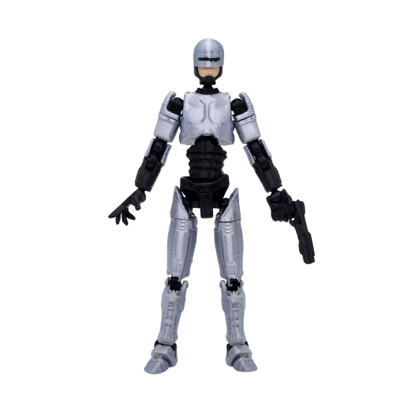 dummy-13-robocop-3d-coleccionable Figura articulada Dummy 13 versión Robocop impresa en 3D color plata y negro.