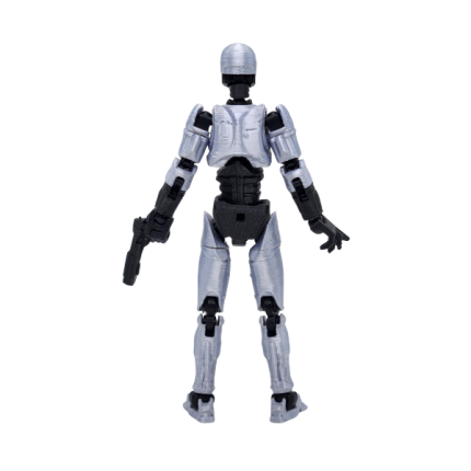 Figura articulada Dummy 13 versión Robocop impresa en 3D color plata y negro.